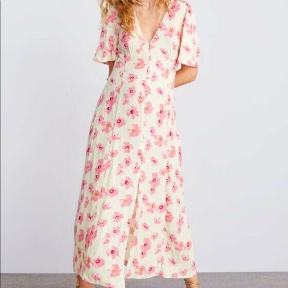 SOLD NWT Zara pink floral button up midi dress - Picture 3 of 7